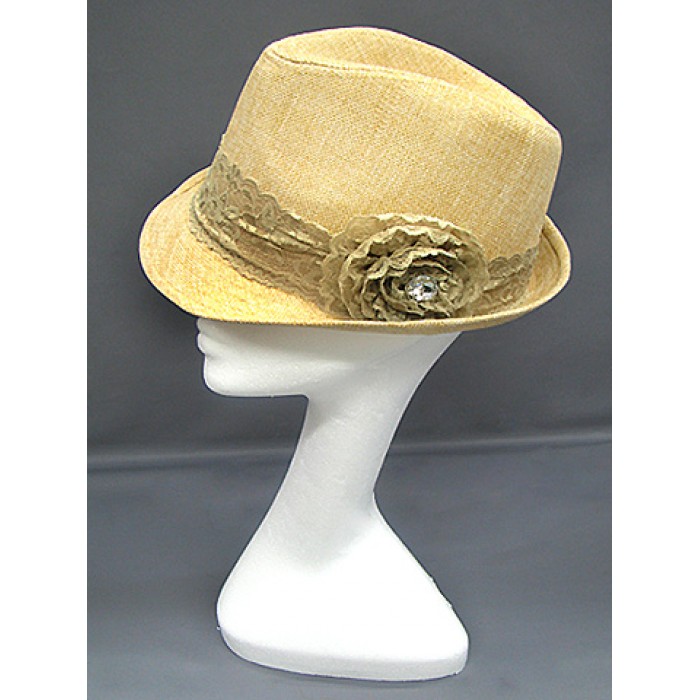 Fedora Straw Hat w/ Lace Trim Corsage - Beige - HT-1184BE